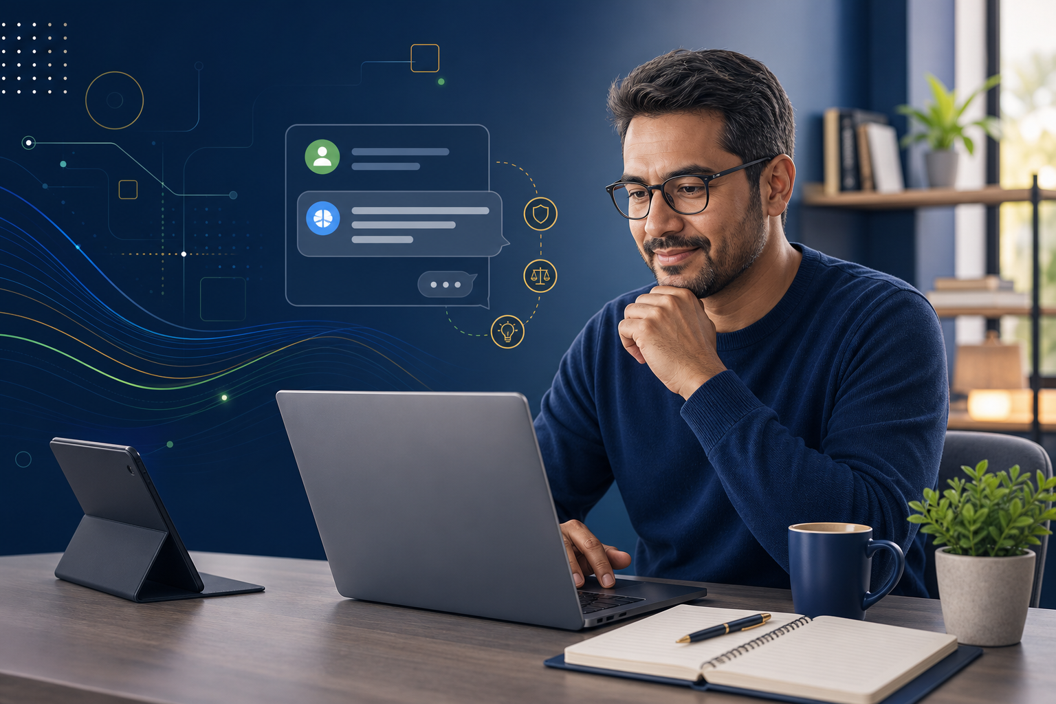 Adult learner using an abstract AI chat assistant responsibly at a laptop