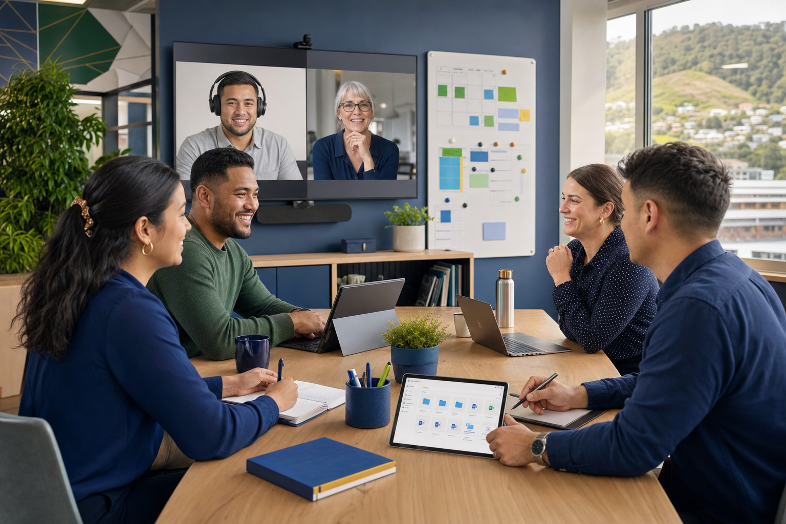 Colleagues collaborating in person and through an online meeting