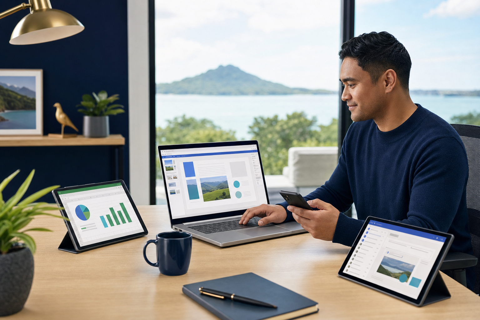 Adult learner using Microsoft 365-style productivity tools across laptop, tablet and phone