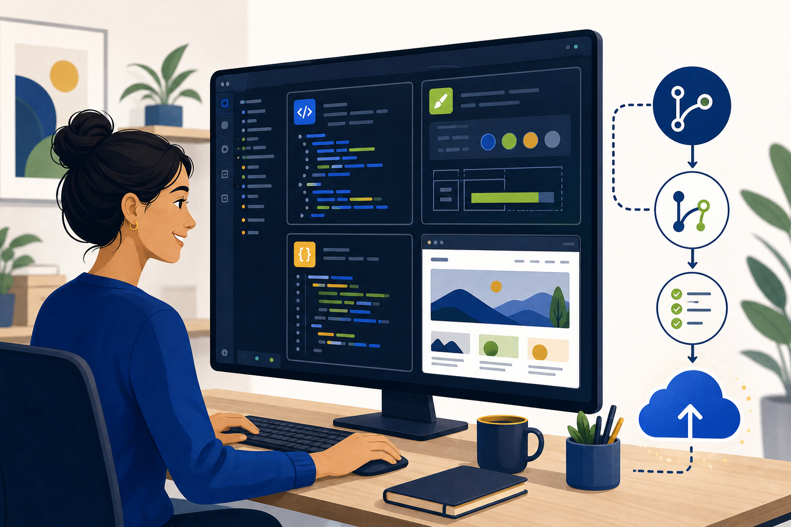 Adult learner editing, previewing, debugging and versioning a website in a modern code editor