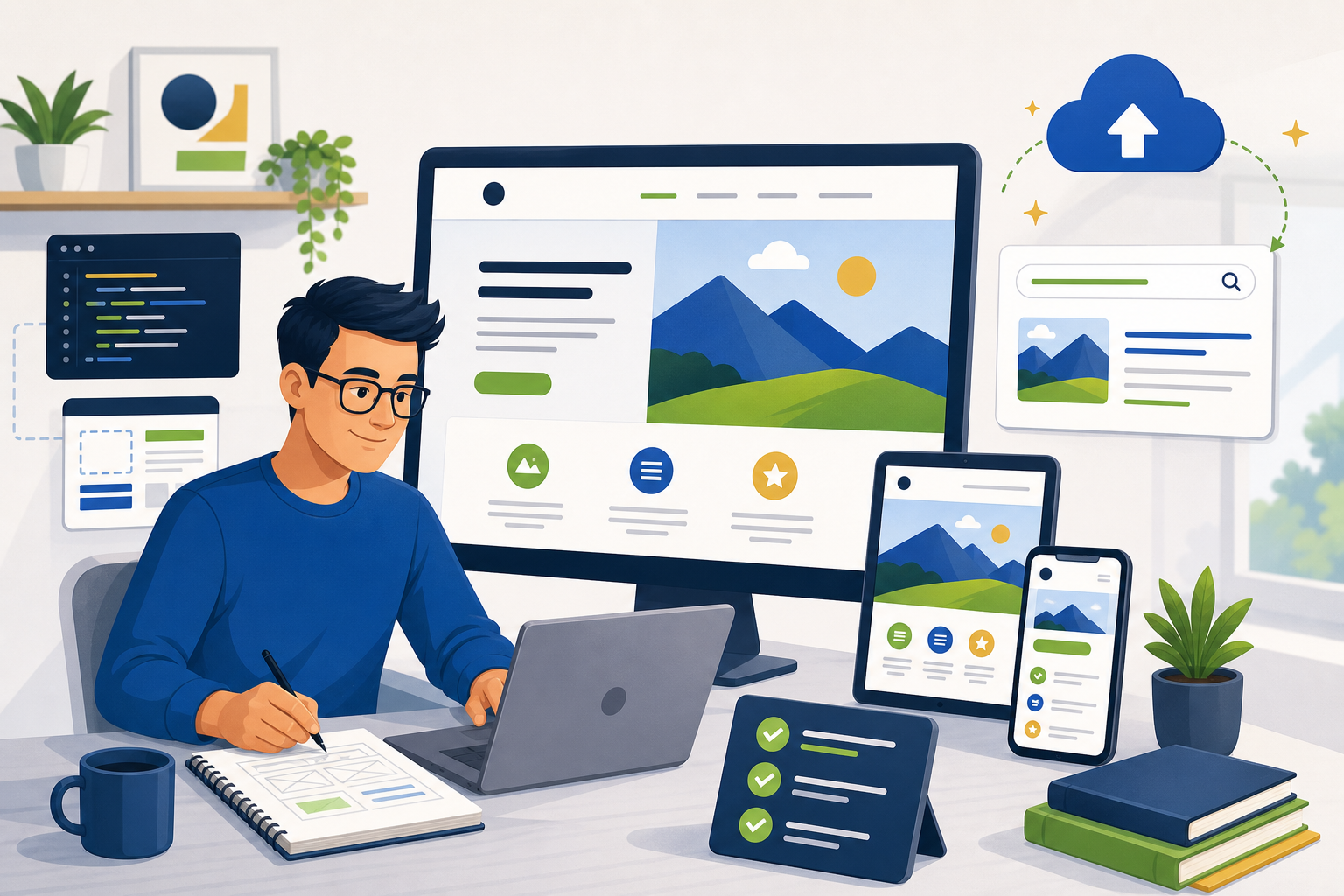Adult learner planning, coding, testing and publishing a responsive website