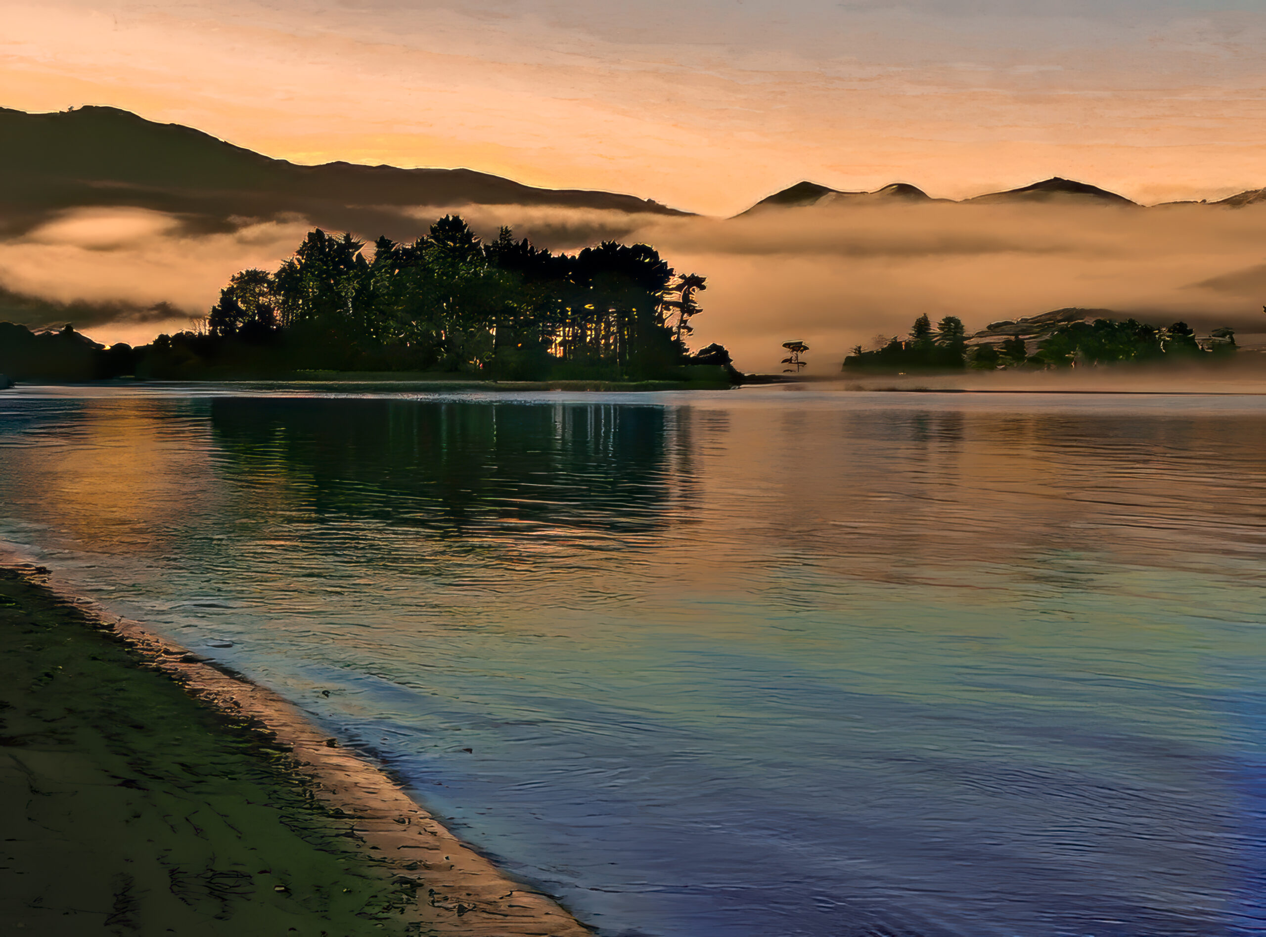 Still harbour water reflecting a warm dawn sky, dark trees and mist-covered Hokianga hills