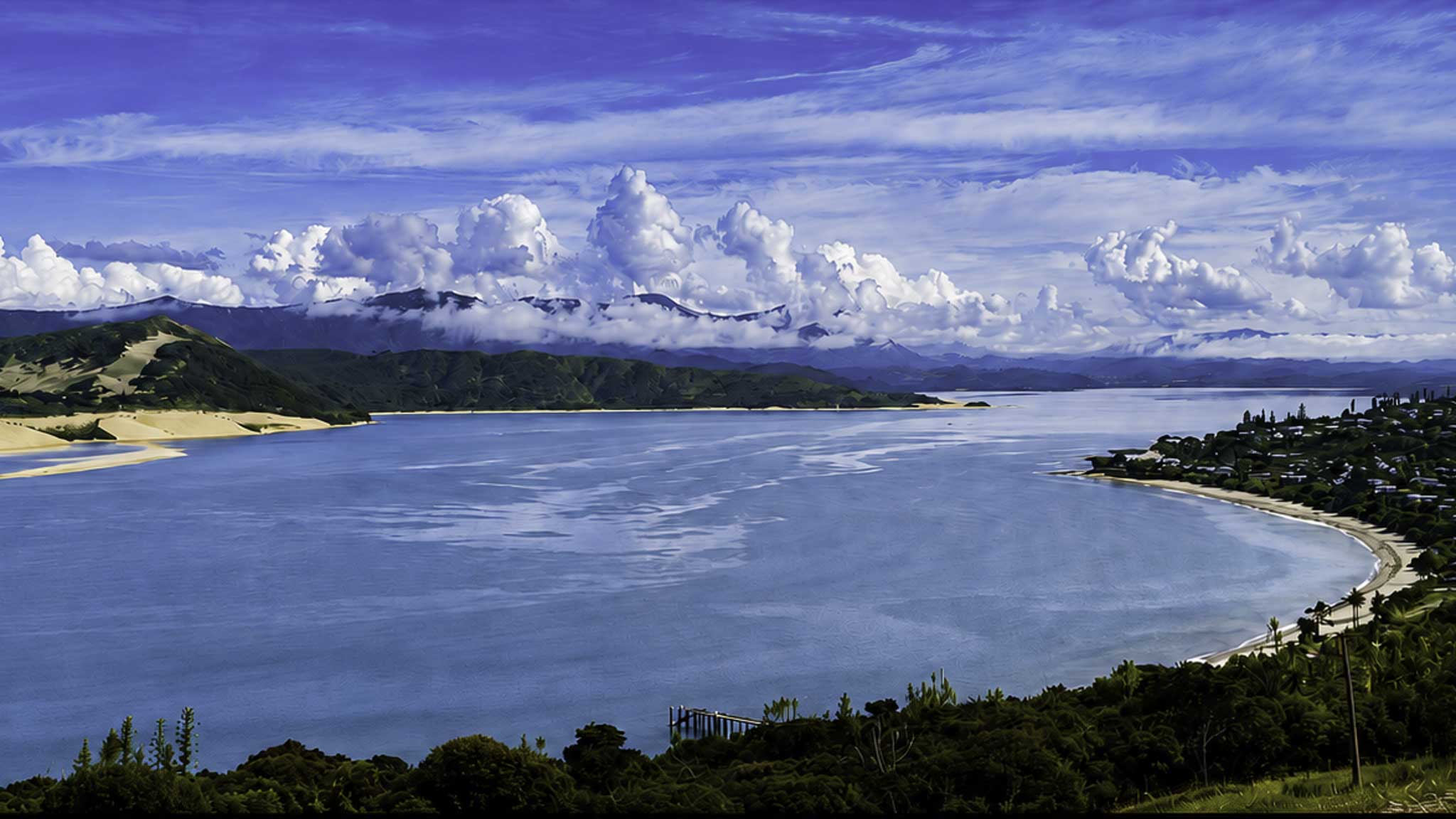 Coastal landscape at Opononi in the Hokianga, Aotearoa